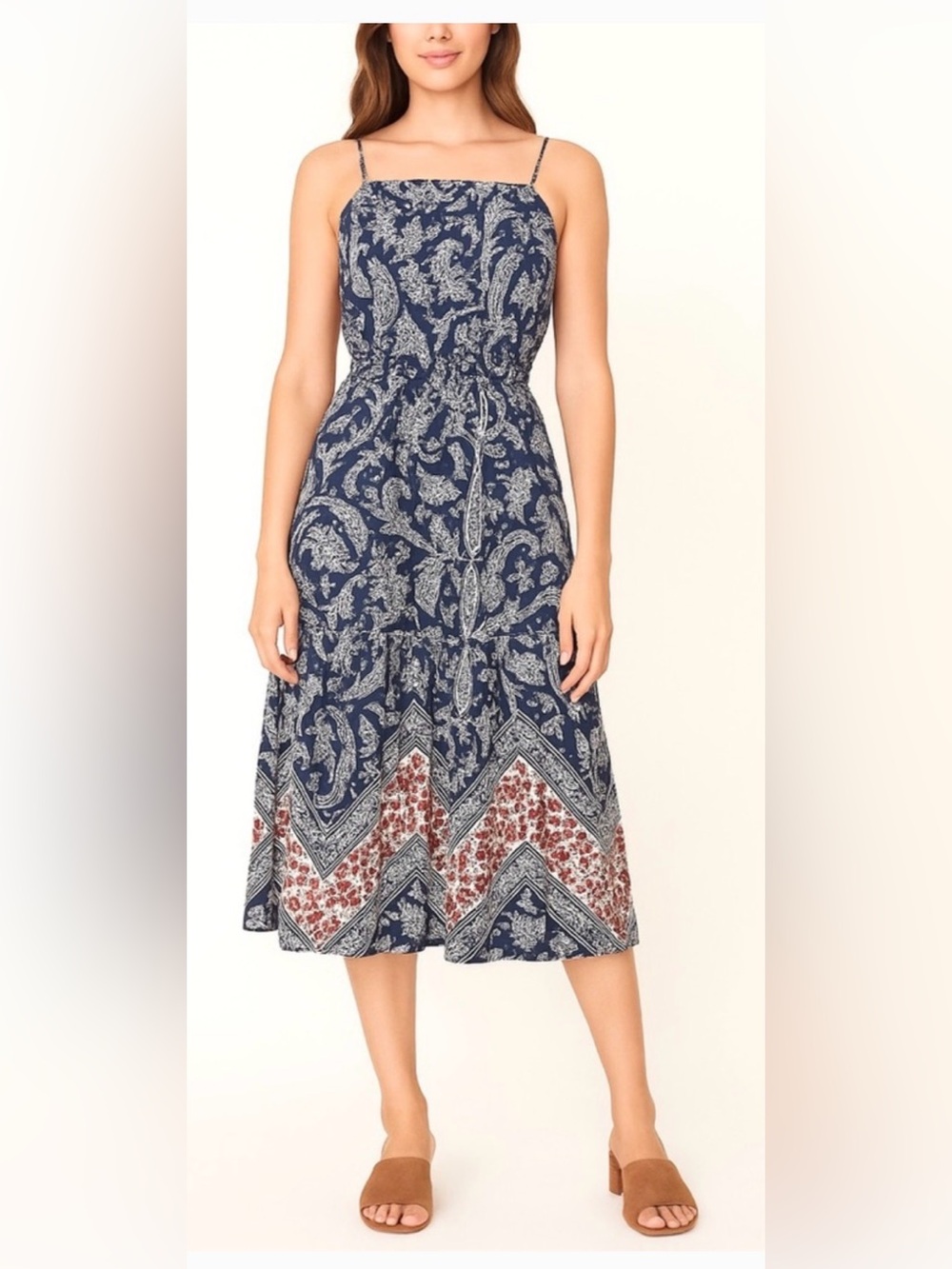 Misa Los Angeles Navy and Rust Paisley Midi Dress